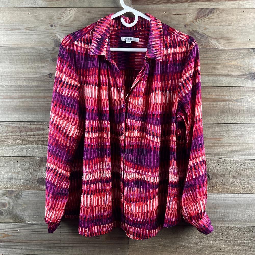 Chicos Womens Shirt Long Smocked Sleeve Button‎ Up Jacquard Clip Dot Size 3 XL